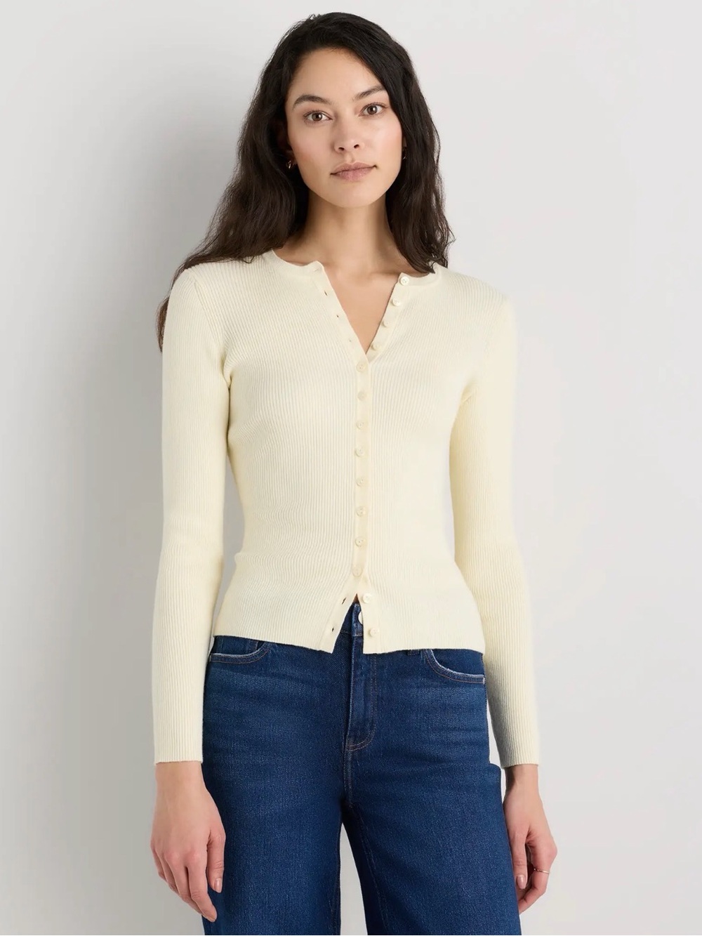 NWT Quince Pale Custard Yellow Cotton Cashmere Ribbed Cardigan Sweater Size L